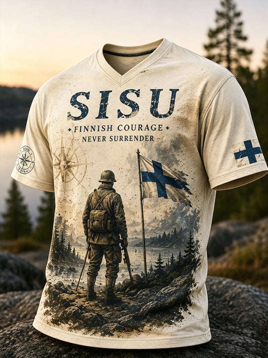 Miesten Sisu Veteraanihenki -taidepainatus V-pääntiillinen t-paita