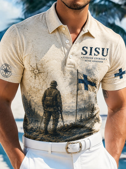 Miesten Sisu-poloartistillisella painokuvitelmalla, joka on inspiroitu suomalaisten veteraanien hengestä