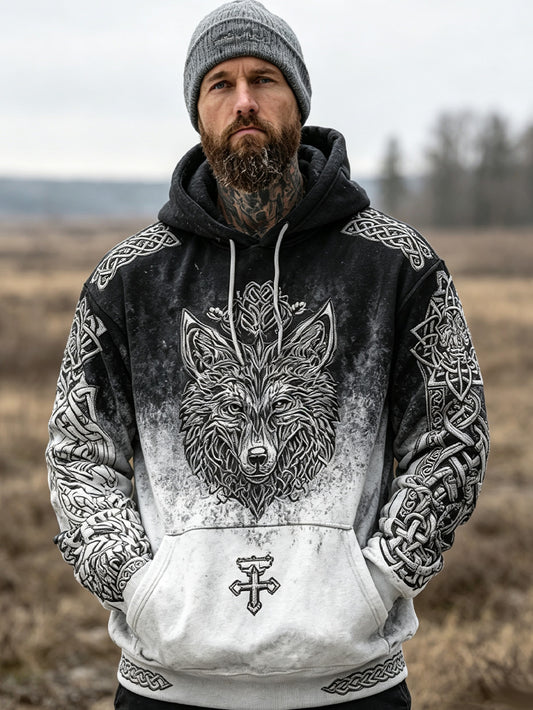 Miesten retro Viking susi pää kuvio painettu rento huppari