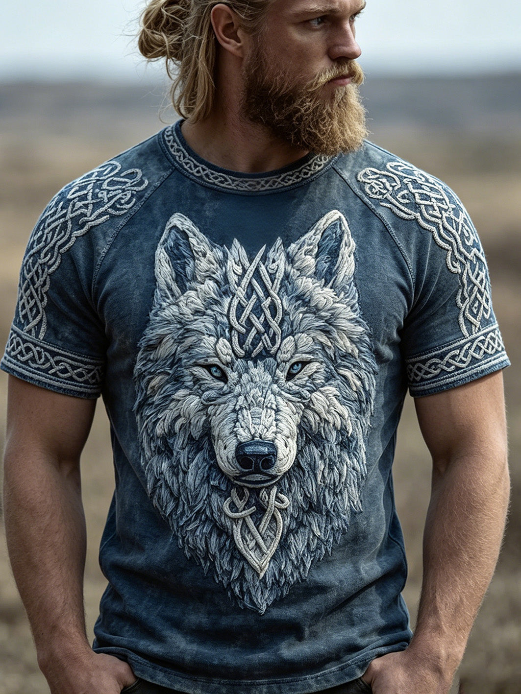 Miesten retro Viking susi pää kuvio painettu rento lyhythiha T-paita