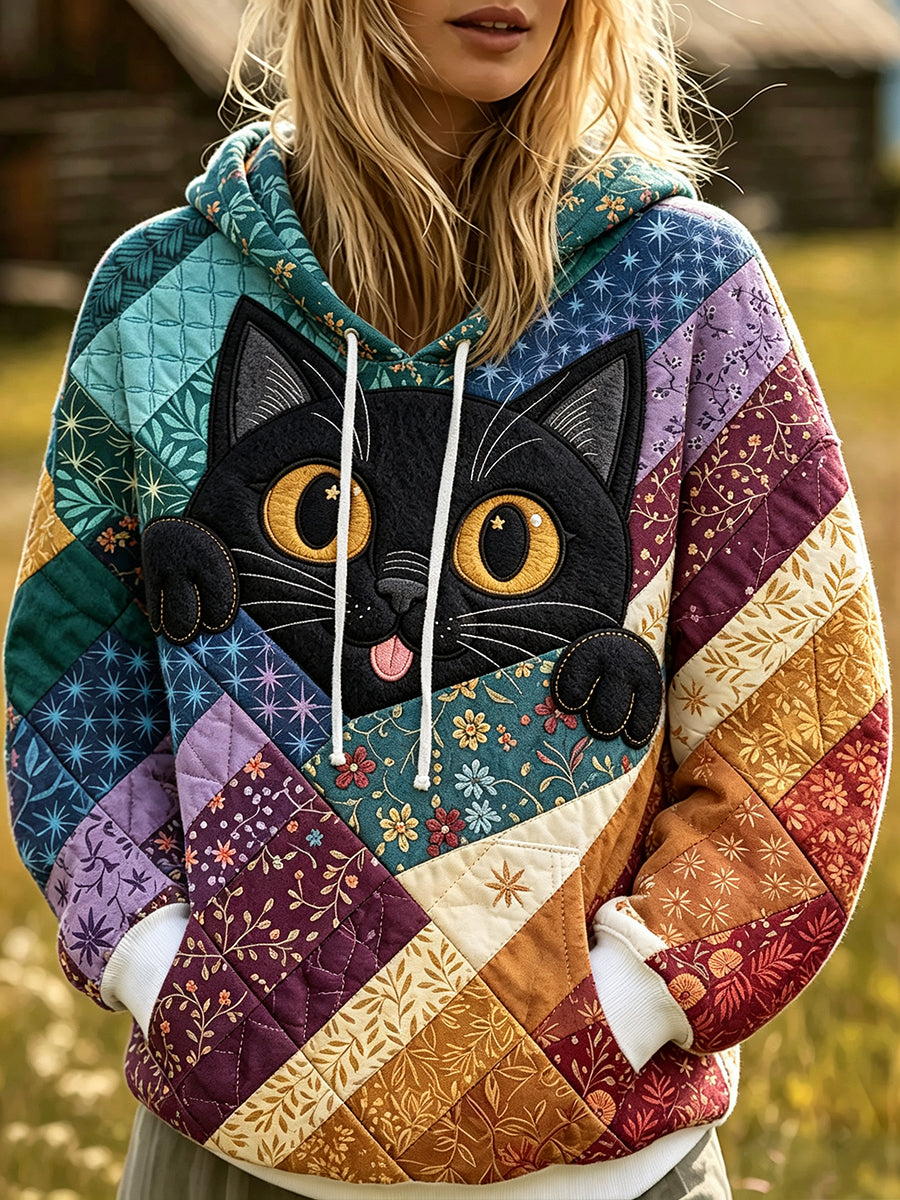 Naisten Söpö Peeking Cat Patchwork Print Cozy Hoodie Print
