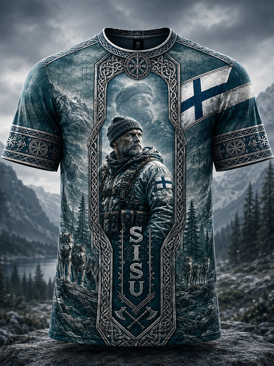Miesten suomalainen veteraani Sisu -kulttuurielementit taidetuloste, rento t-paita