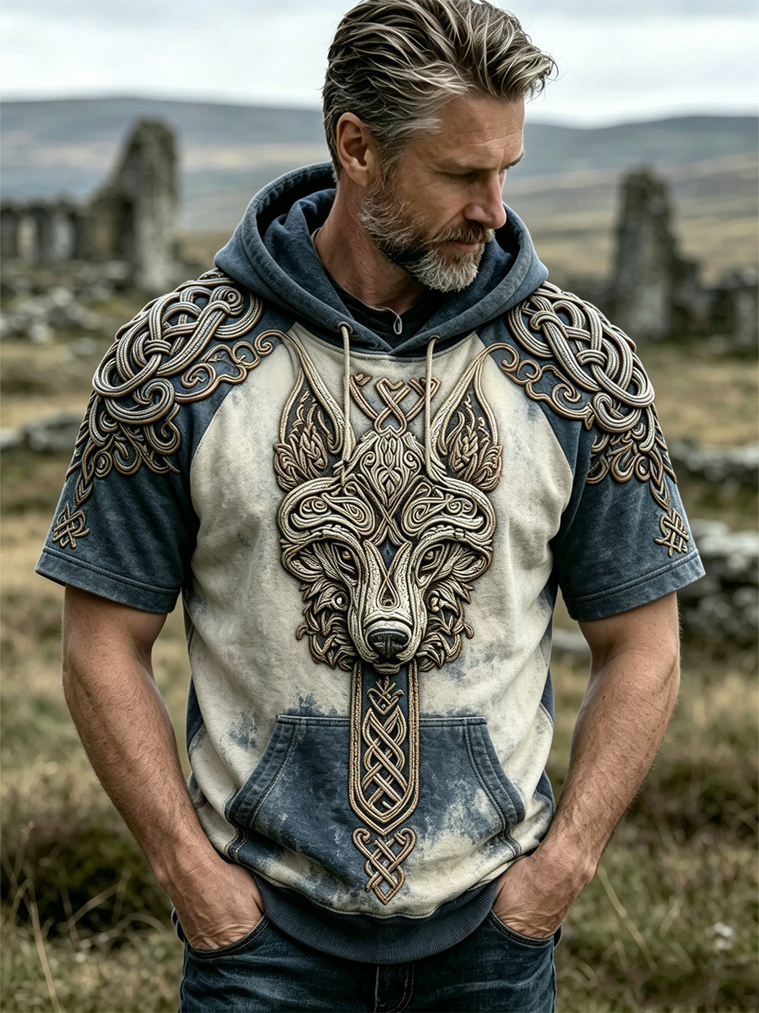 Miesten retro Viking susi pää kuvio painettu rento lyhyt hiha huppari