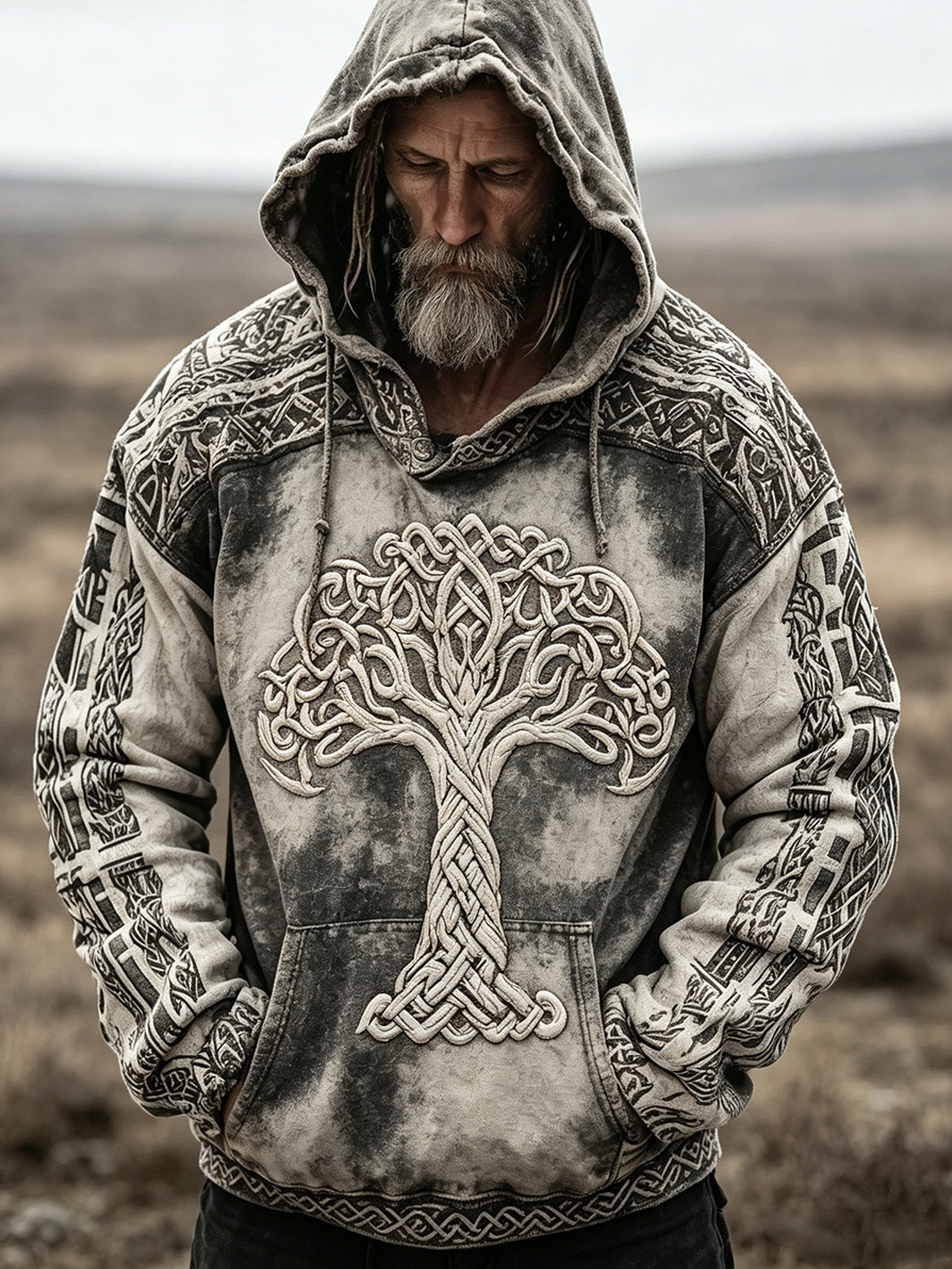 Miesten retro Viking Life Tree kuvio painettu rento huppari