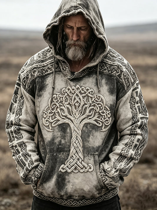 Miesten retro Viking Life Tree kuvio painettu rento huppari
