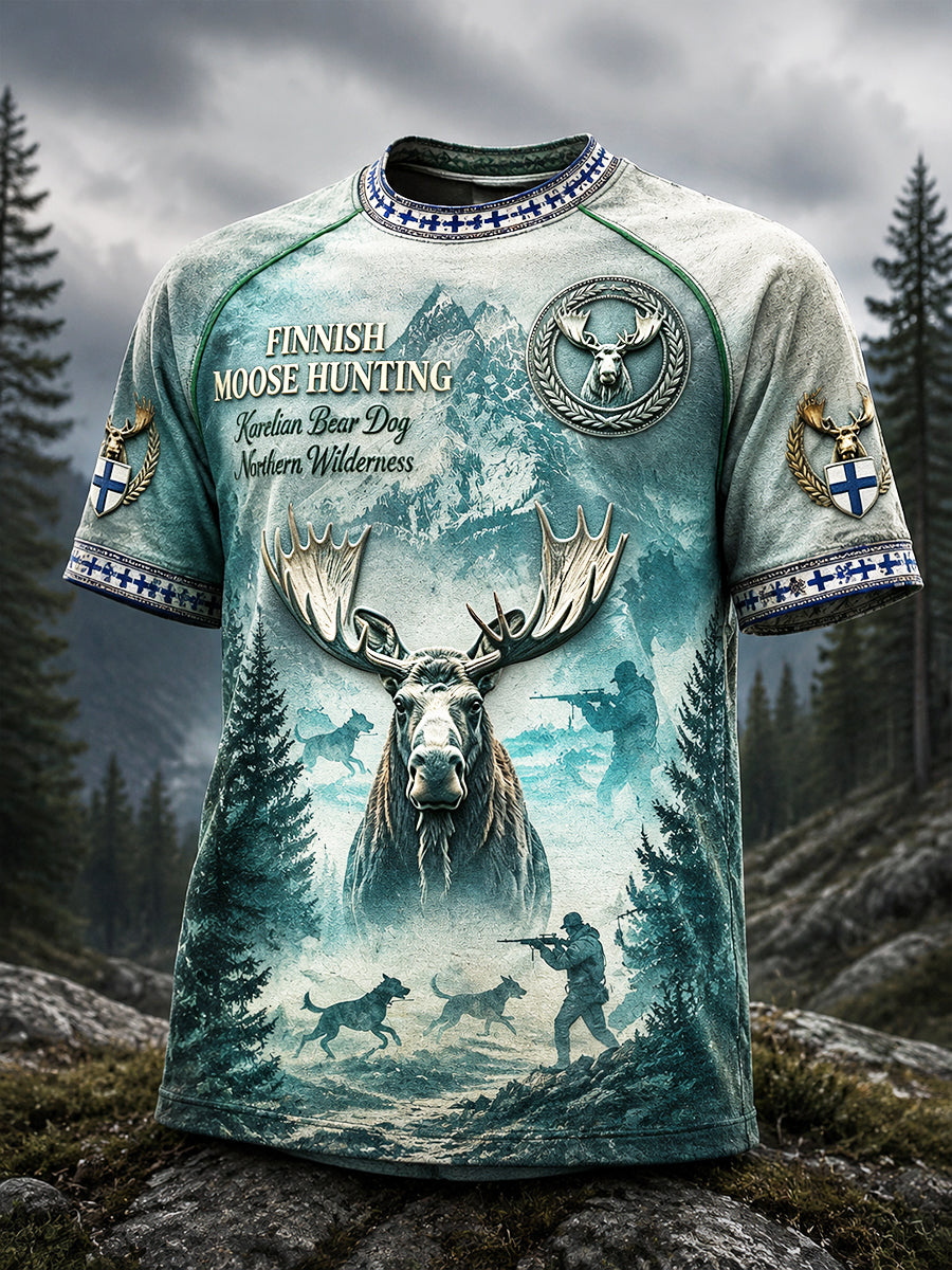 Miesten vihreä suomalainen hirvi metsästys Kausi Gradient Print Casual T-paito