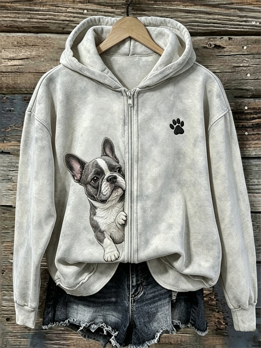Naisten tirkistävä ranskalainen Bulldog & Pussu tulosta täysi Zip Hoodie.