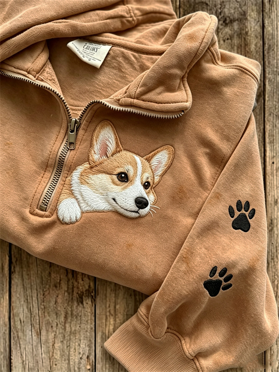 Naisten Peeking Corgi Koira & Paw Prints Print Zip Up Sweatshirt