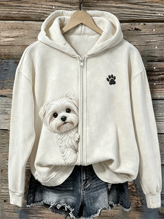 Naisten Peeking Maltan koira & Puu Print Full Zip Hoodies