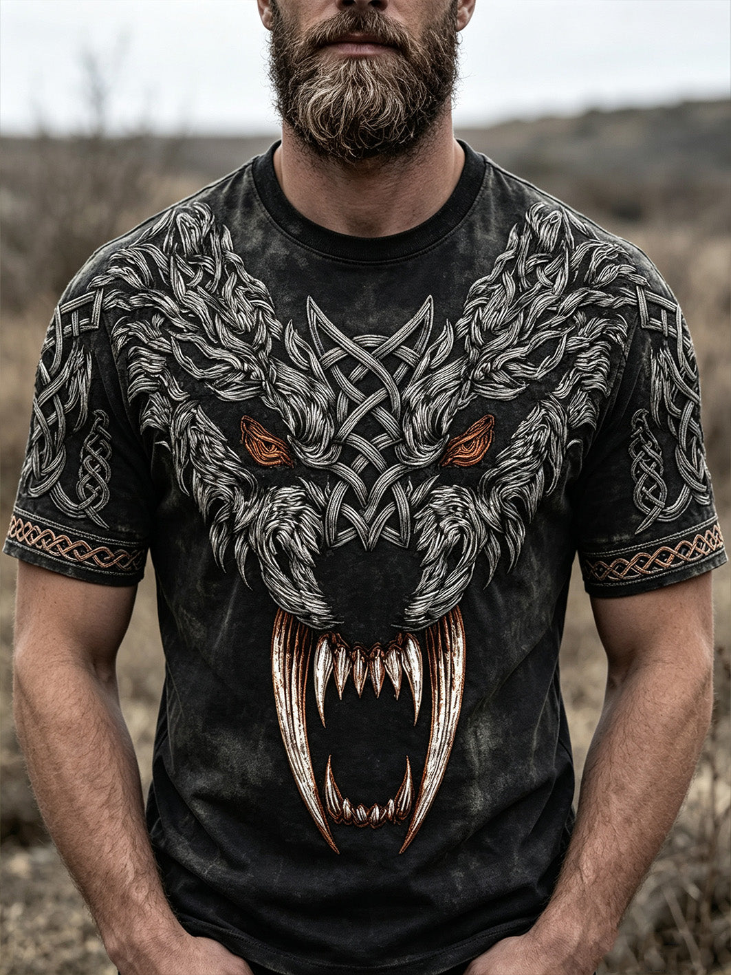 Miesten retro Viking susi pää kuvio painettu rento lyhyet hihat t-paita