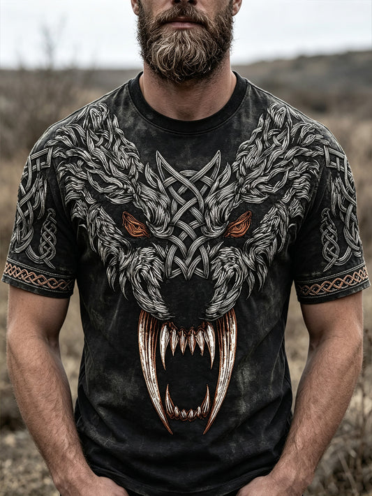 Miesten retro Viking susi pää kuvio painettu rento lyhyet hihat t-paita