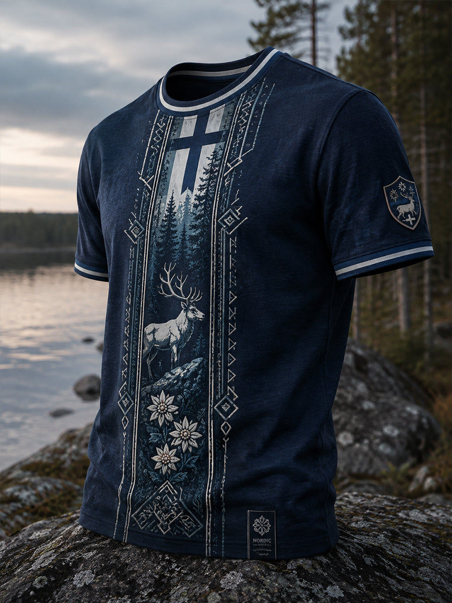 Miesten suomalainen arktinen poro-kulttuurielementti taidepainatuksesta t-paita
