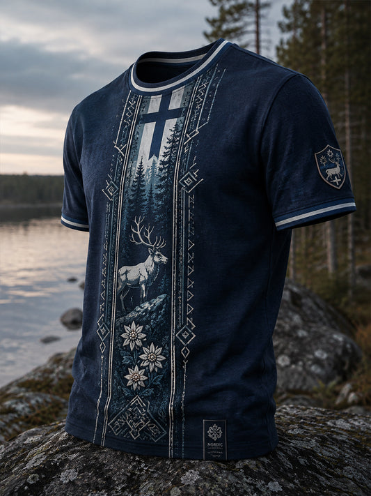 Miesten suomalainen arktinen poro-kulttuurielementti taidepainatuksesta t-paita
