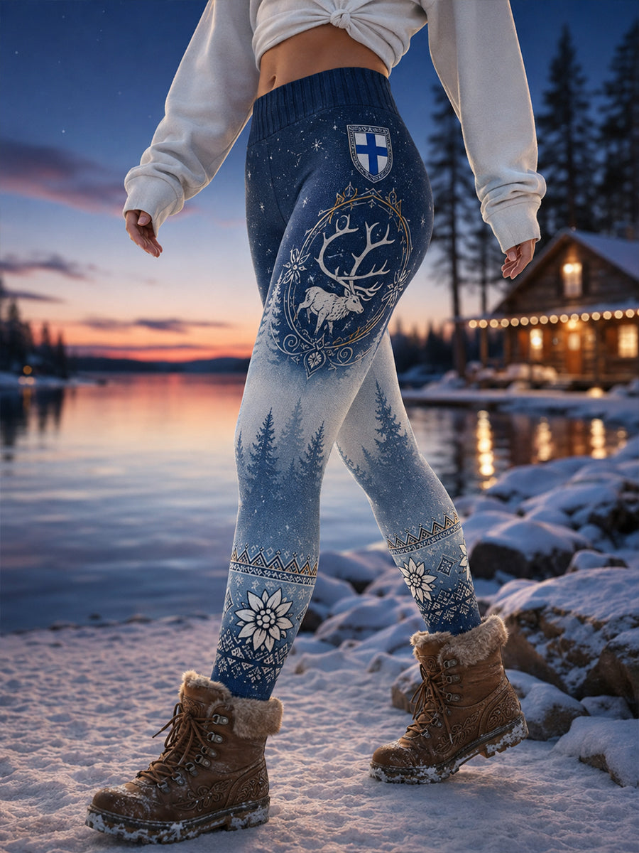 Naisten suomalainen arktinen poro-kulttuurielementti taidepainatus rento leggingsit