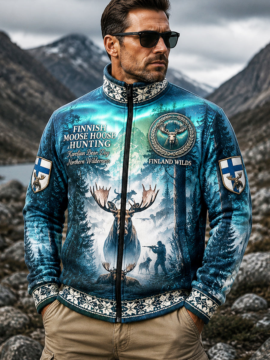 Miesten tumma sininen suomalainen metsästyskausi Print Casual Zip-Up Takki