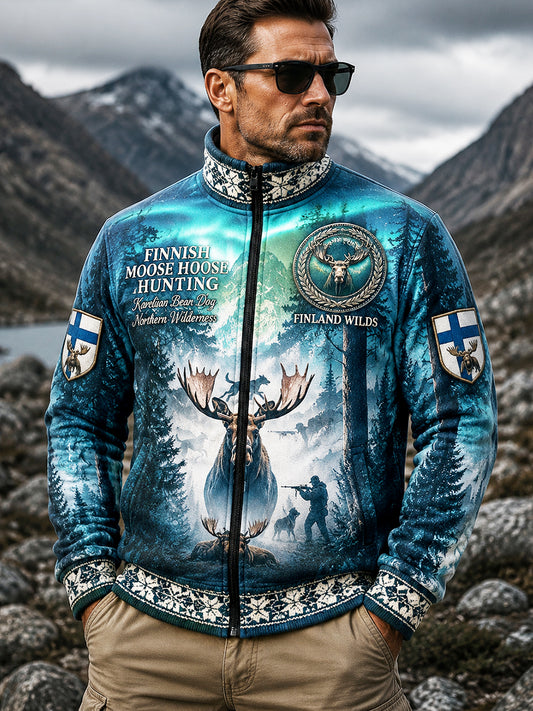 Miesten tumma sininen suomalainen metsästyskausi Print Casual Zip-Up Takki