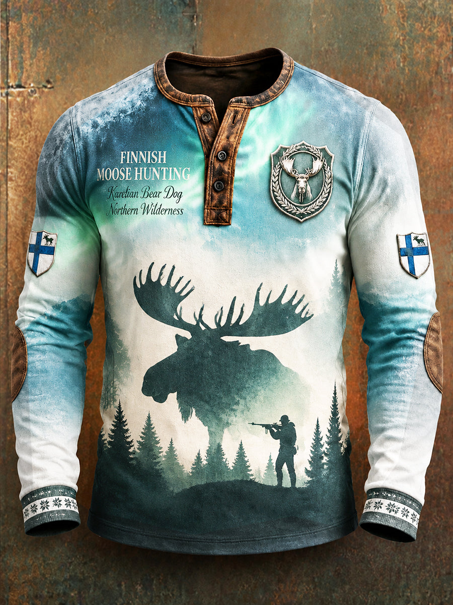 Miesten suomalainen metsästyskausi Gradient Print Casual Henley-kaula Pitkähiha T-paiti