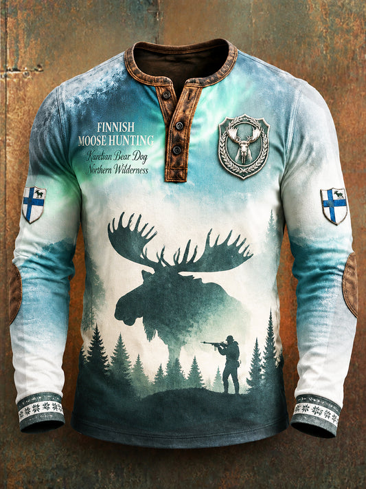 Miesten suomalainen metsästyskausi Gradient Print Casual Henley-kaula Pitkähiha T-paiti