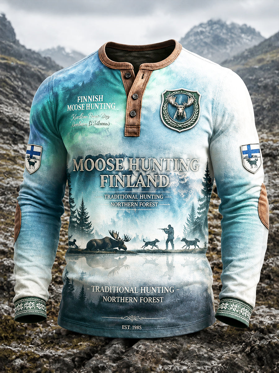 Miesten suomalainen metsästyskausi Tulostus Casual Patchwork Henley-Neck Pitkähihiikkainen T-paito