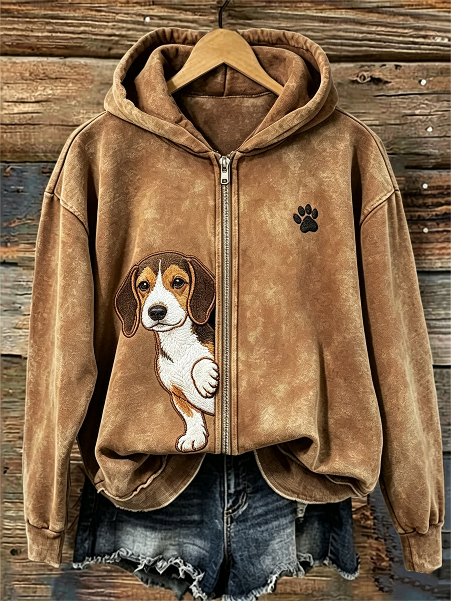 Naisten Peeking Beagle koira & Pussu tulostaa koko Zip Hoodie.