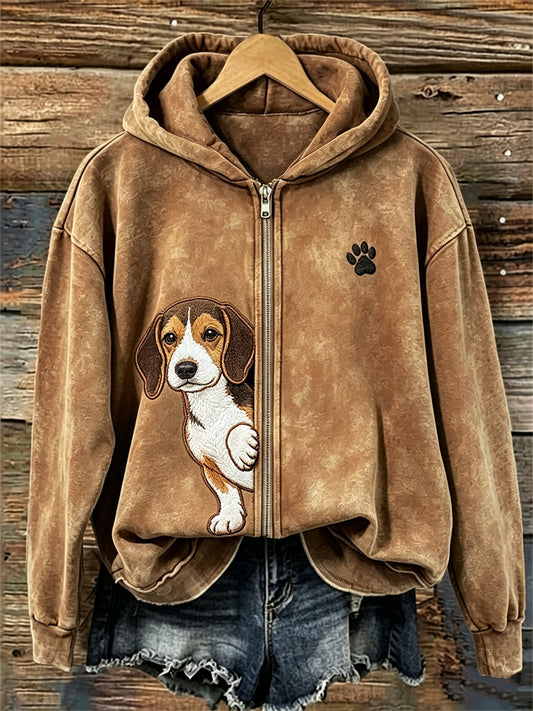 Naisten Peeking Beagle koira & Pussu tulostaa koko Zip Hoodie.