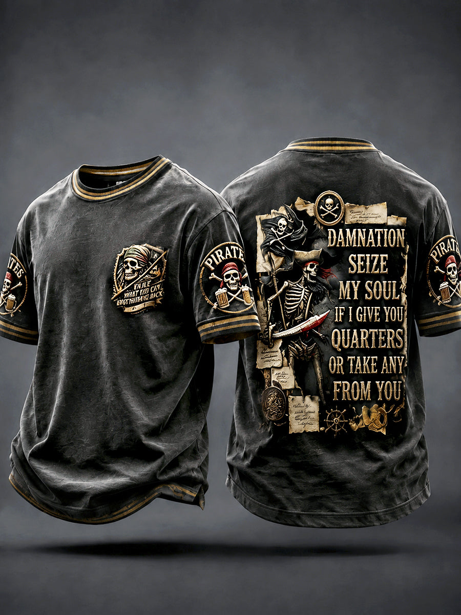 Miesten Black Vintage Pirate-Print Casual T-paito
