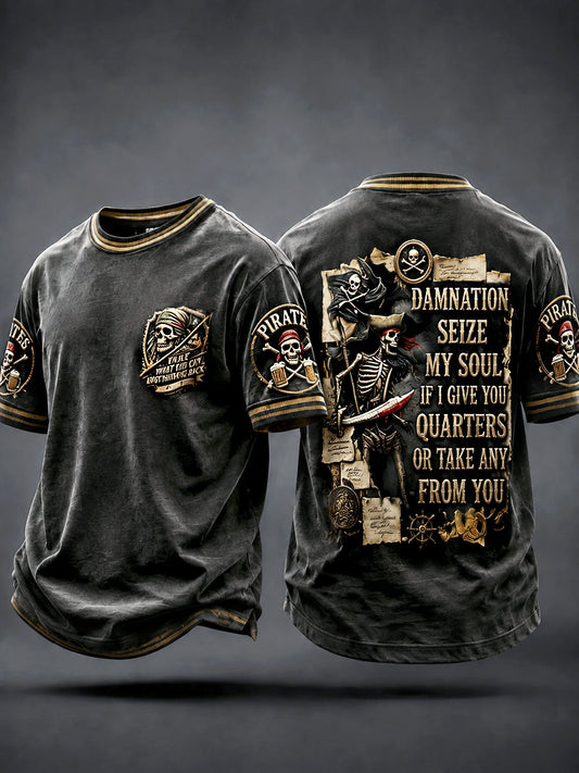 Miesten Black Vintage Pirate-Print Casual T-paito