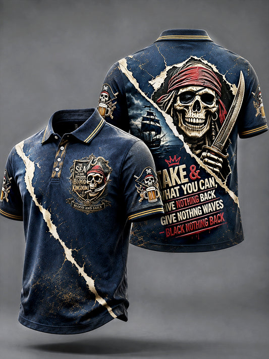 Miesten tumman sininen Pirate-teema Print Casual Polo Paidan
