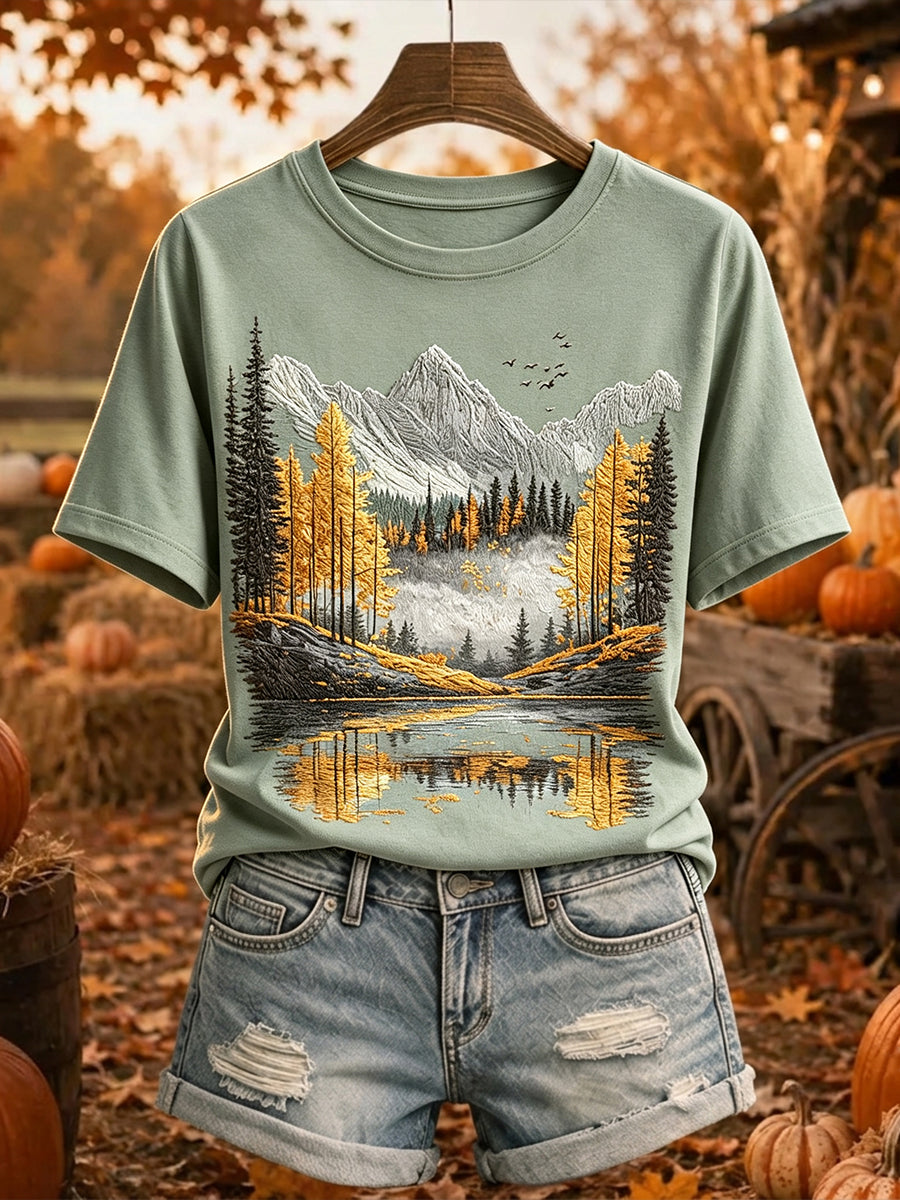 Naisten Vintage Fall Tree Mountain Print Viihtyisä lyhythiha T-paita