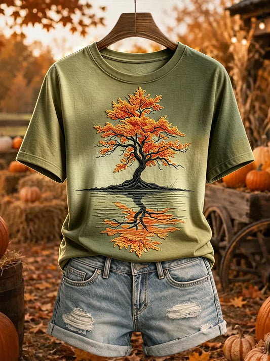 Naisten Vintage Fall Tree heijastus Tulosta Viihtyisä lyhythihais T-paita