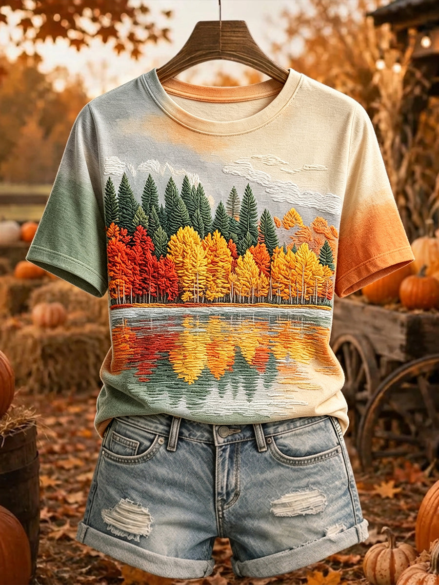 Naisten syksyn puut heijastus Tulosta Casual Short-sleeved T-paita