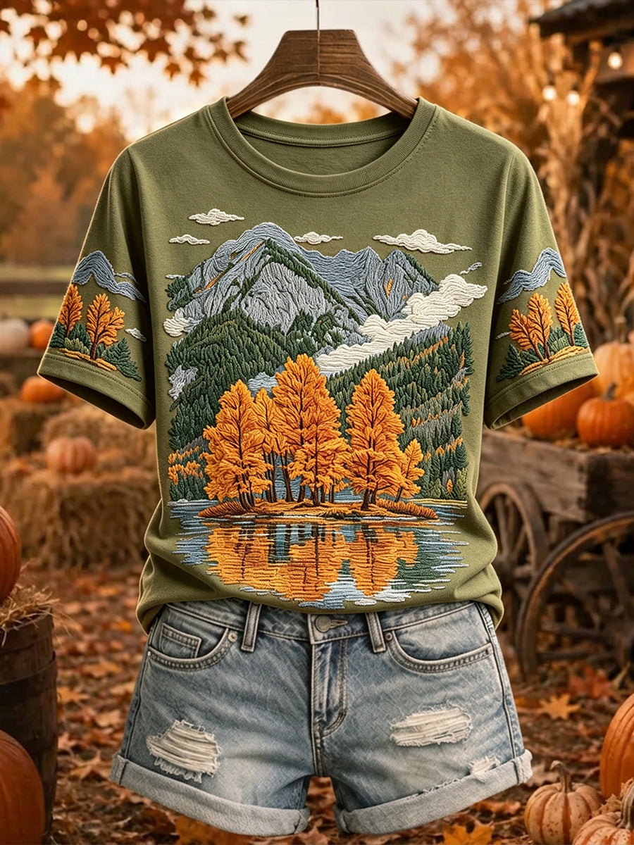 Naisten Vintage Syksy Trees Mountain Print Viihtyisä lyhythiha T-paita