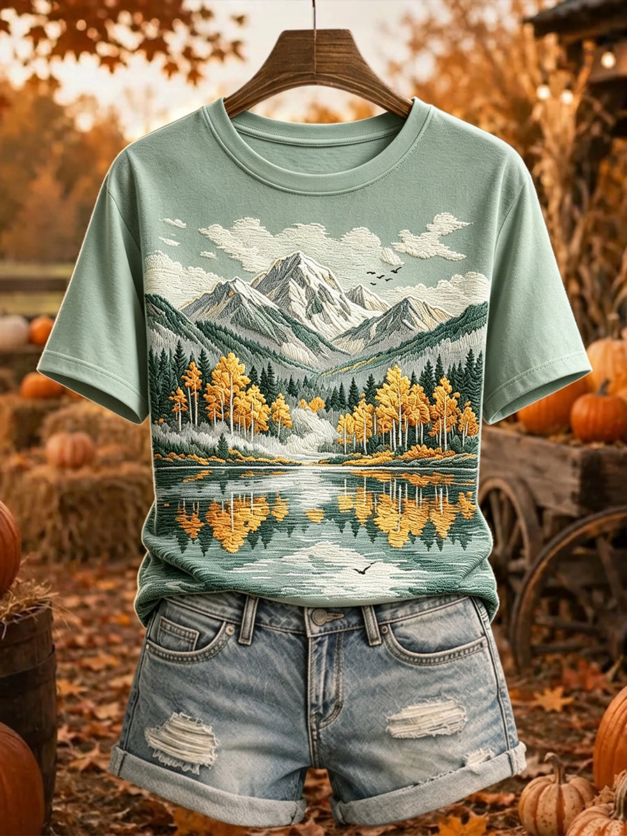 Naisten Fall Trees Mountain Print Viihtyisä lyhythiha T-paita