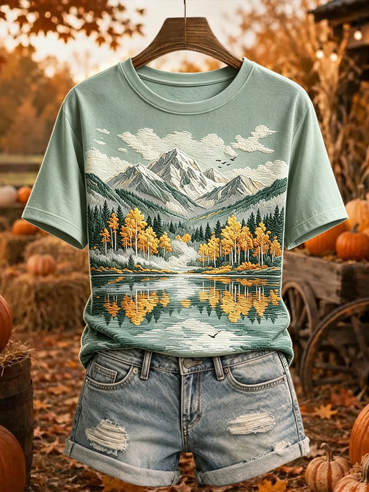 Naisten Fall Trees Mountain Print Viihtyisä lyhythiha T-paita