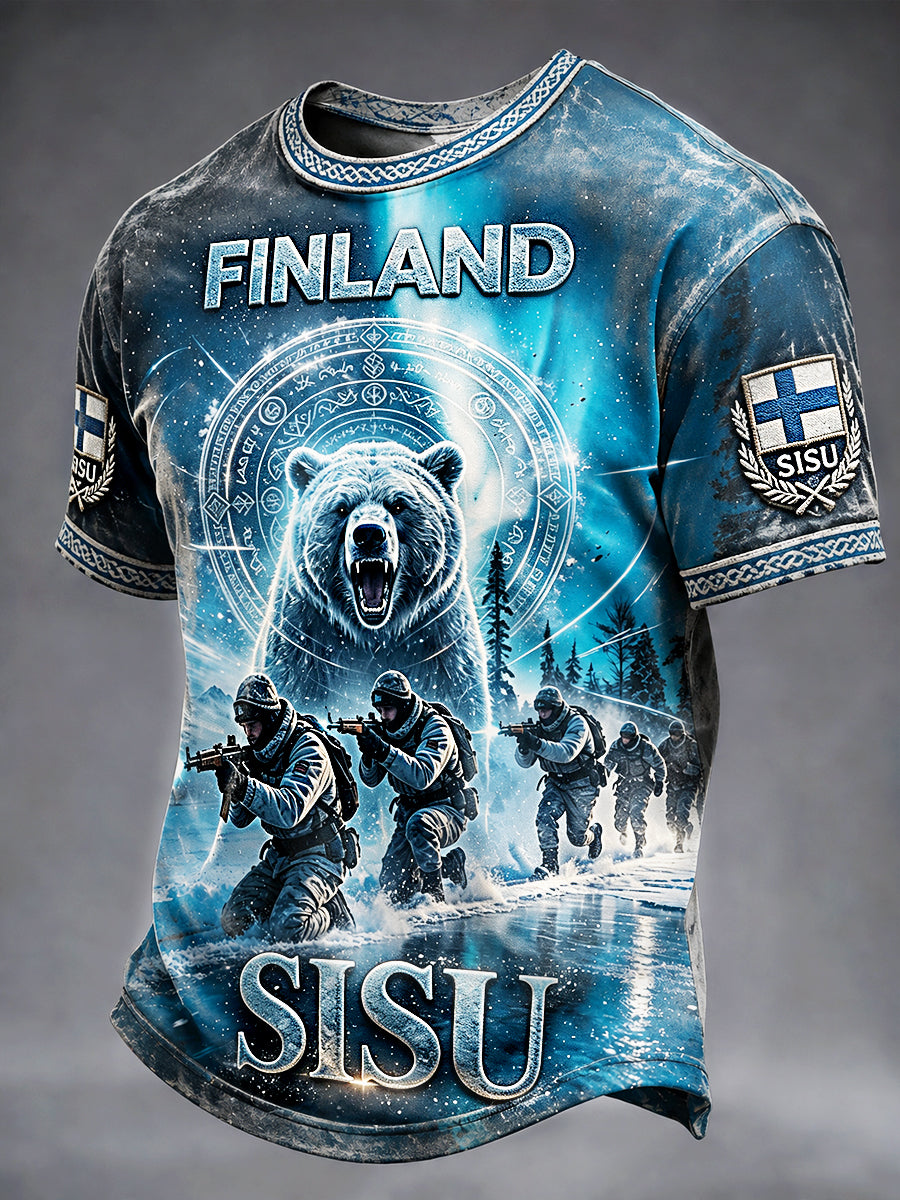 Miesten Vintage Suomalainen karhuveteraani 'Sisu' Henki Print Casual T-paito