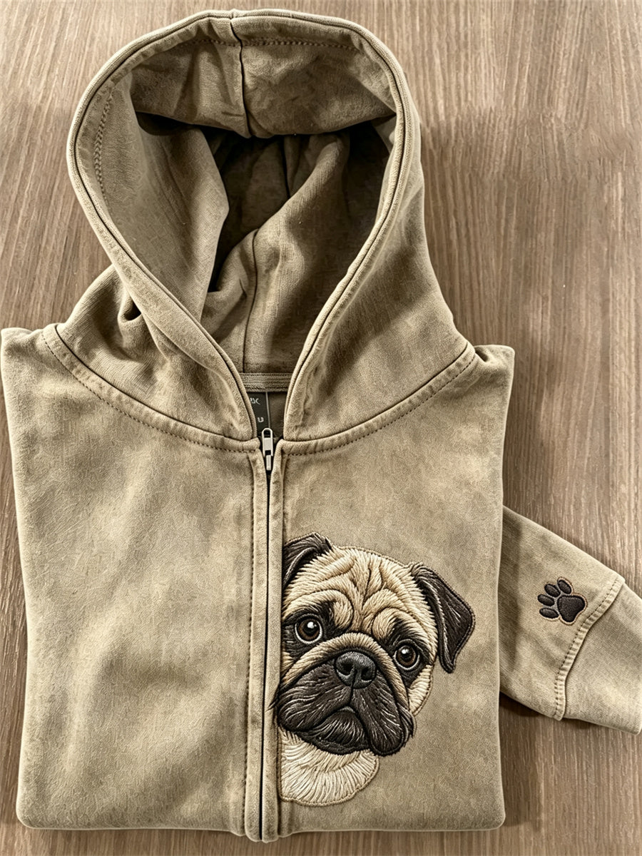 Naisten Peeking Pug Dog & Puw Tulosta koko Zip Hoodie Täys