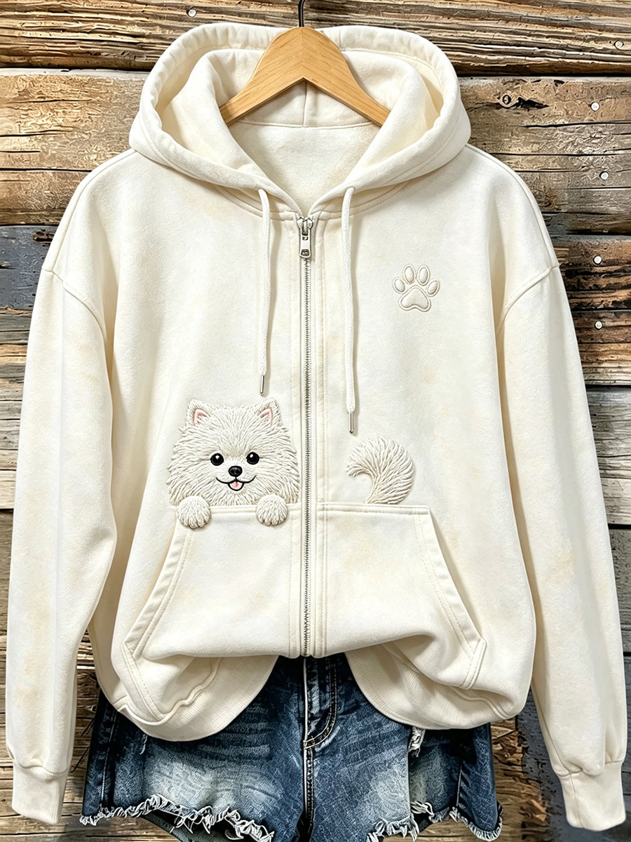 Naisten söpö Peeking Pomeranian kanssa Tassu Print Cozy Zip-Up Hoodie