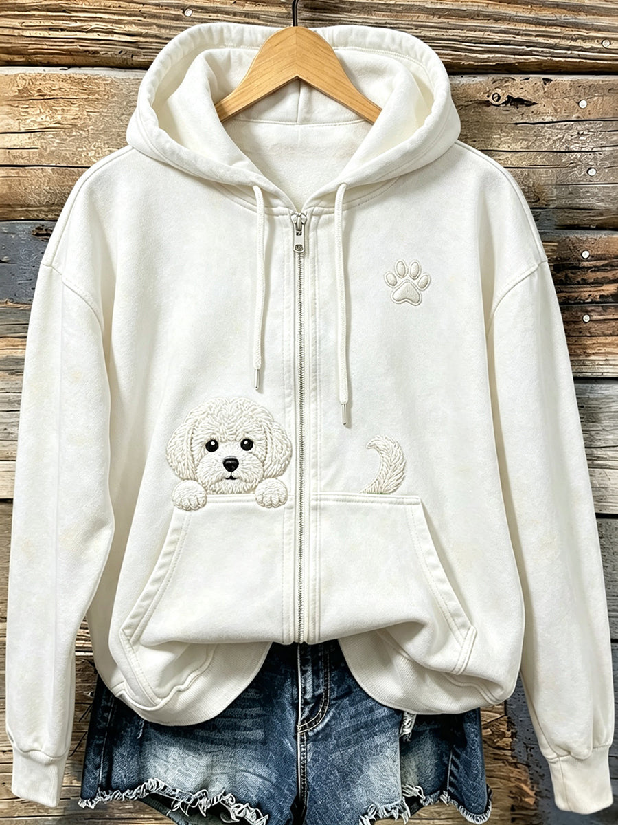 Naisten söpö Peeking Bichon Frize kanssa Puw Print Cozy Zip-Up Hoodie.