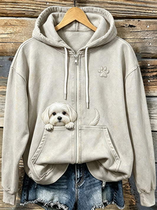 Naisten söpö Peeking Maltan koira käppä tulosta Viihtyisä Zip-Up Hoodie.