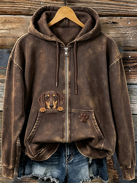 Naisten ihana Peeking Dach koekuvaa kanssa Tassu Print Cozy Zip-Up Hoodie.