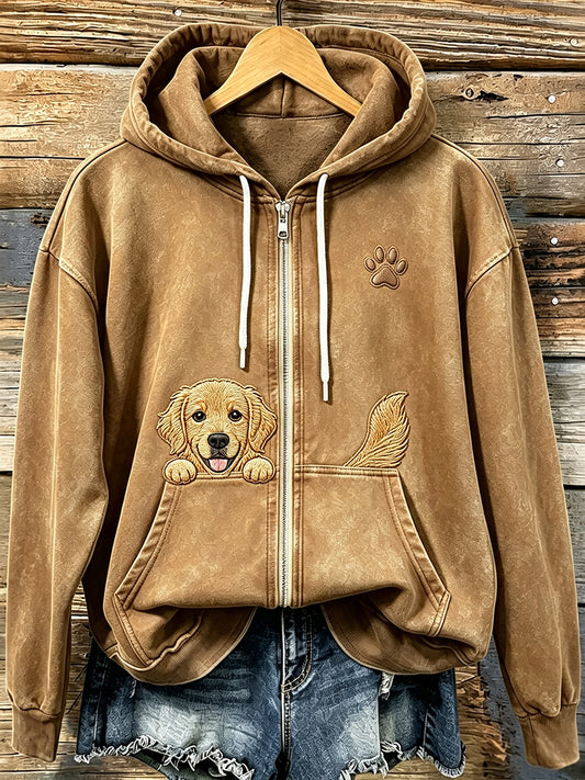 Naisten söpö Peeking Golden Retriever kanssa Tass tulosta viihtyisä Zip-Up Hoodie.