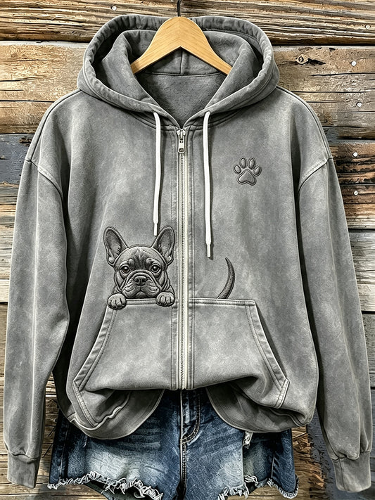 Naisten söpö Peeking ranskalainen Bulldog kanssa Tassu Print Cozy Zip-Up Hoodie.