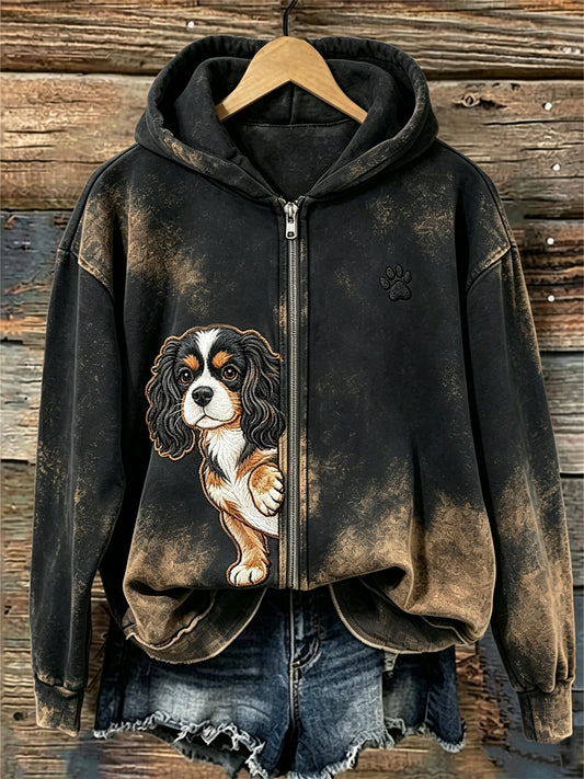 Naisten kurkistava kuningas Charles Dog & Puw Print Full Zip Hoodies