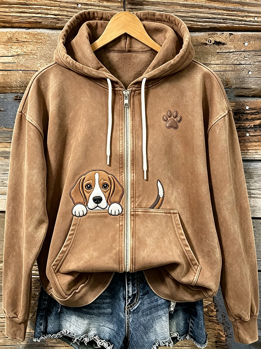 Naisten söpö Peeking Beagle kanssa Tassu Print Cozy Zip-Up Hoodie.