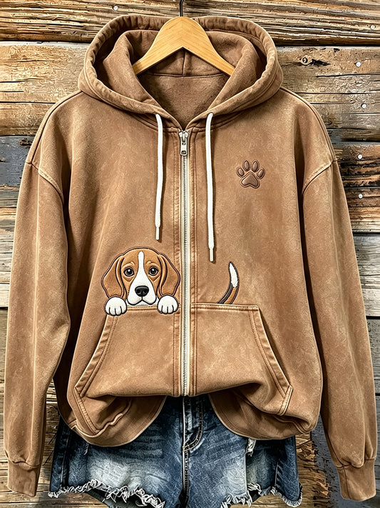 Naisten söpö Peeking Beagle kanssa Tassu Print Cozy Zip-Up Hoodie.