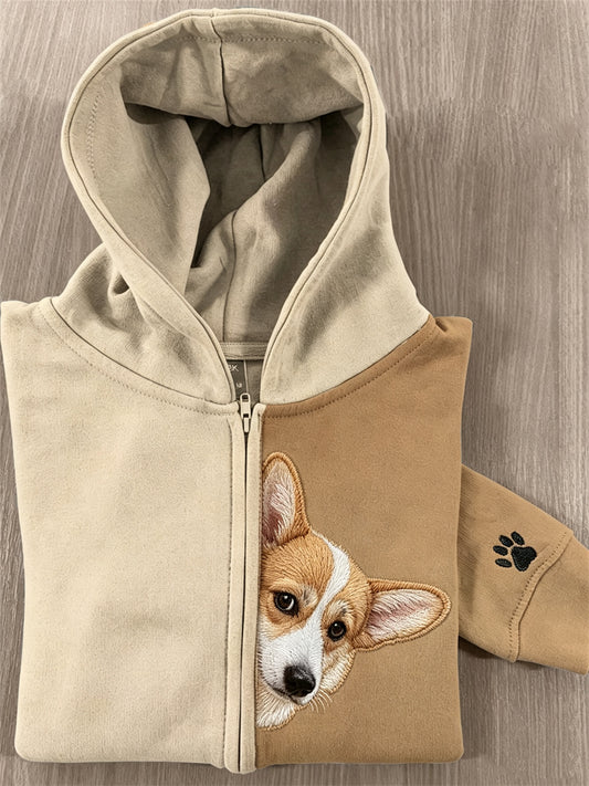 Naisten Peeking Corgi koira & Pussu tulosta kontrasti väri täysi Zip Hoodie.
