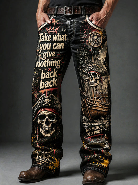 Miesten Retro Musta Punk Pirate-Print Casual housut