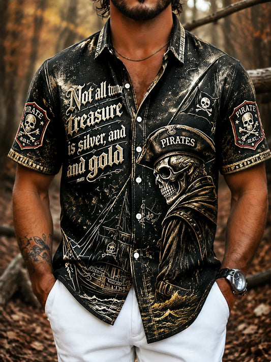 Miesten musta Retro Punk Pirate-Print Casual Short-Sleeved Paitat