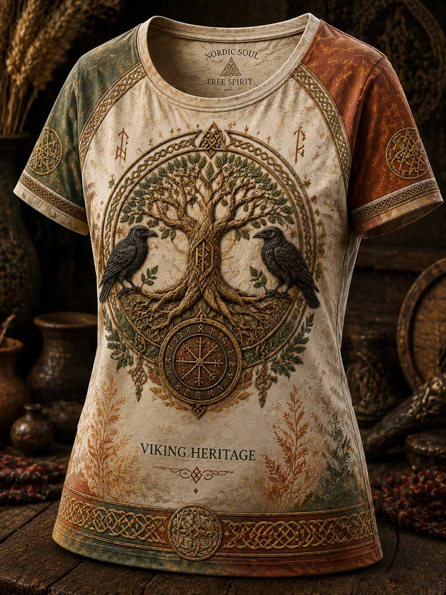 Naisten Retro Viking puu elämän tulosta T-paita