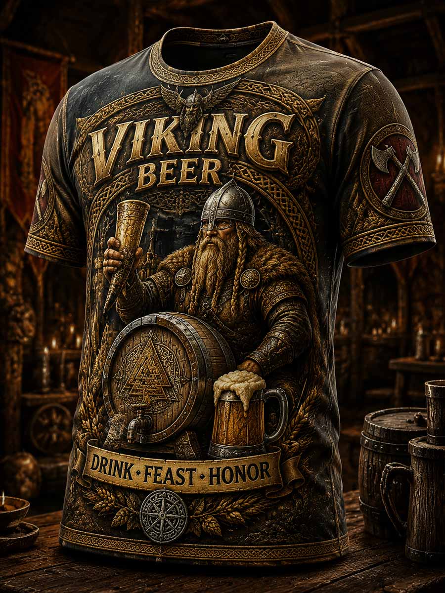Miesten Vintage Viking Beer Art kuvio painettu T-paita